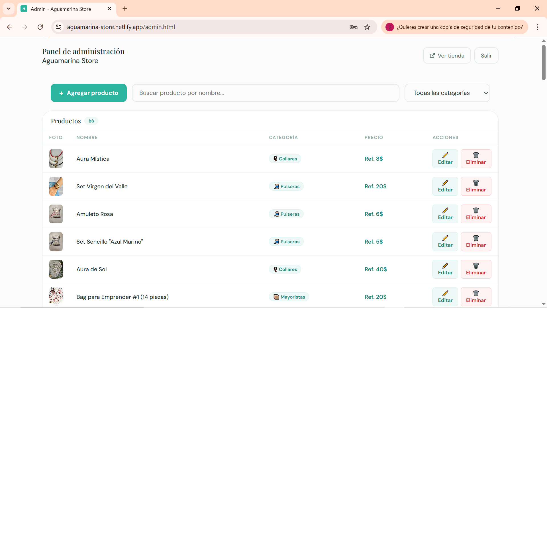 Panel de administración del catálogo